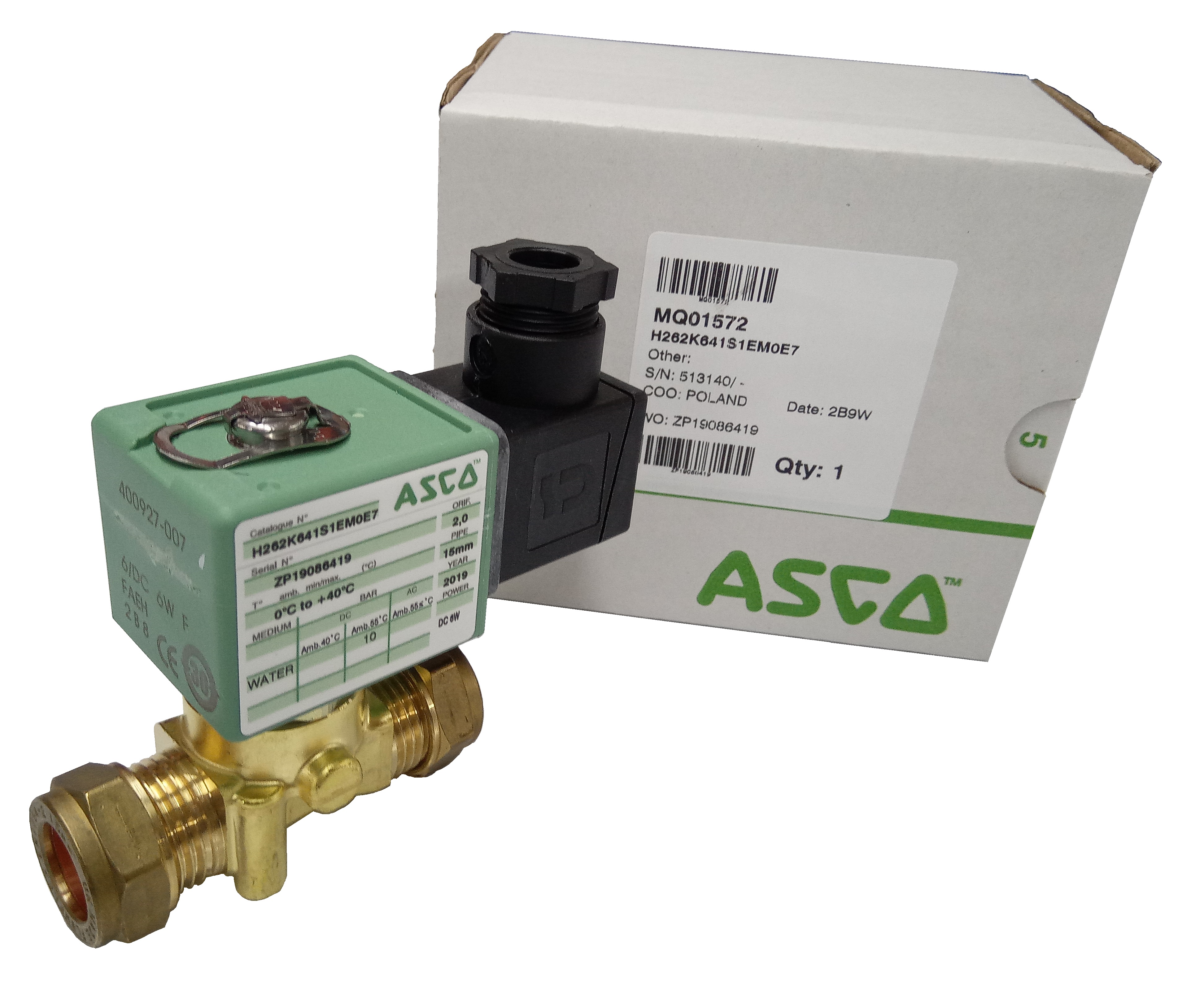ASCO H262-602BW 6V DC SOLENOID LATCHING VALVE FOR WATER 15mm COMPRESSION 